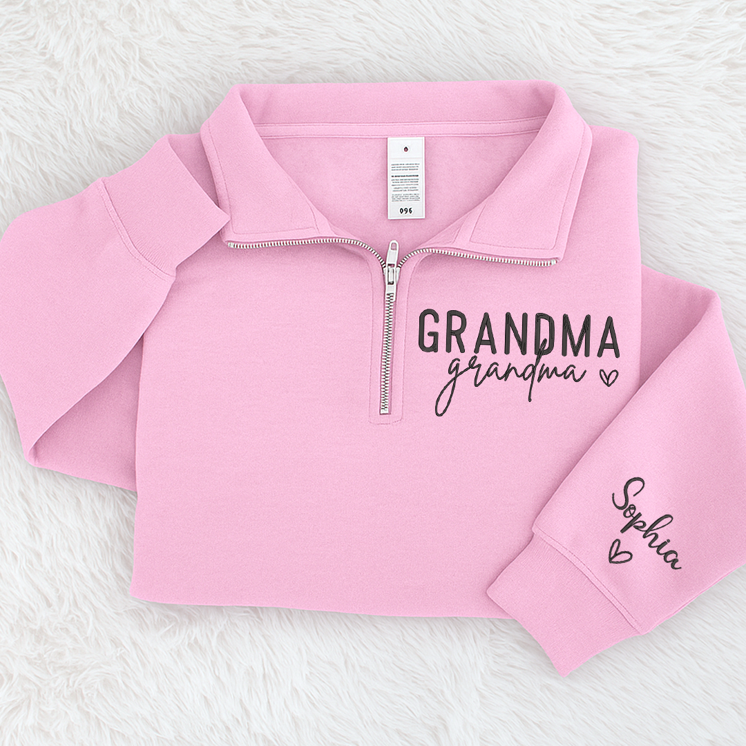 Grandma Heart Sweatshirt, Personalized Grandma And Grandkids Embroidered Quarter Zip Sweater