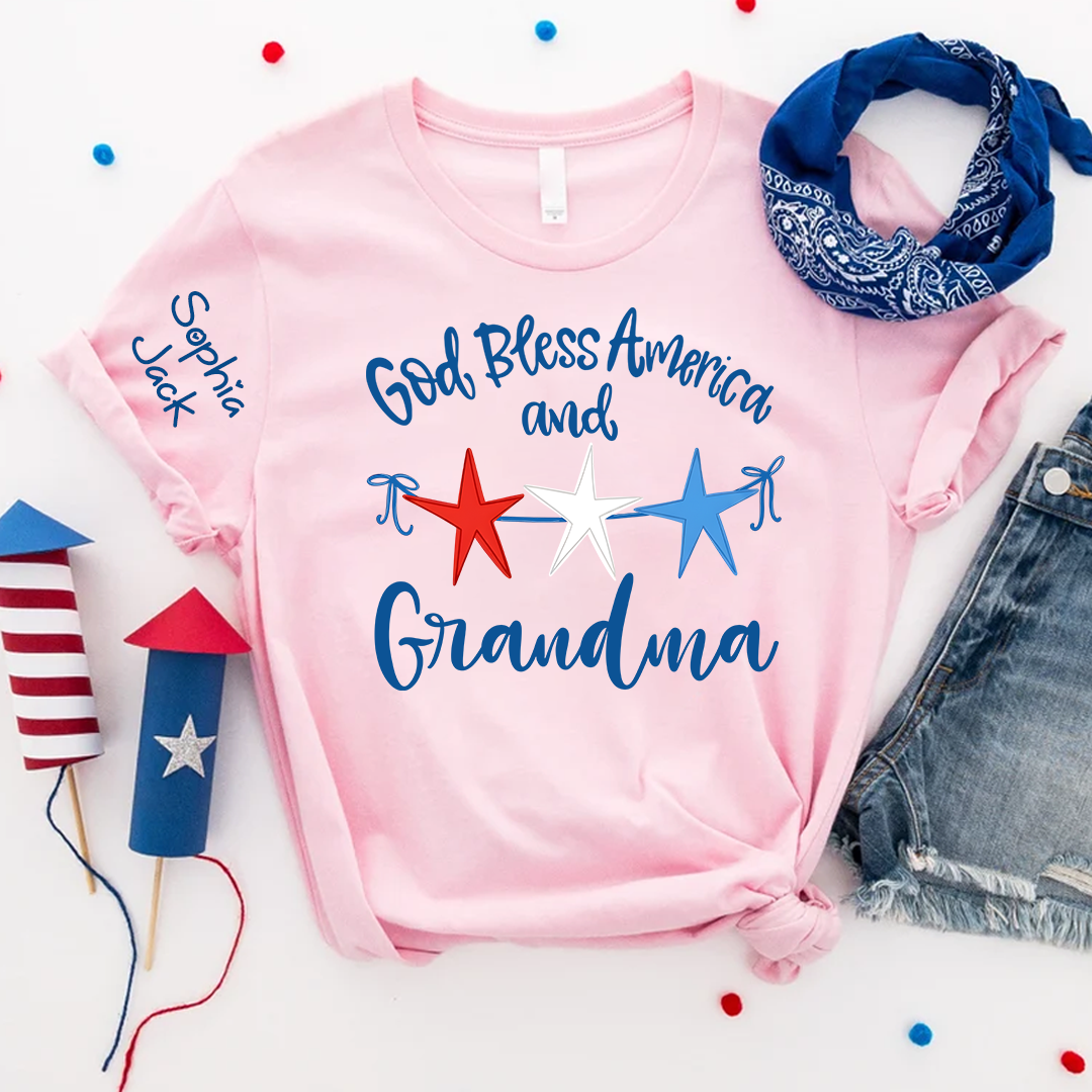 Personalized Custom God Bless America And Grandma T-shirt with Stars Design, Grandma Gigi Mama Mimi Shirt for 4th of July, Patriotic Gift for Mother's Day