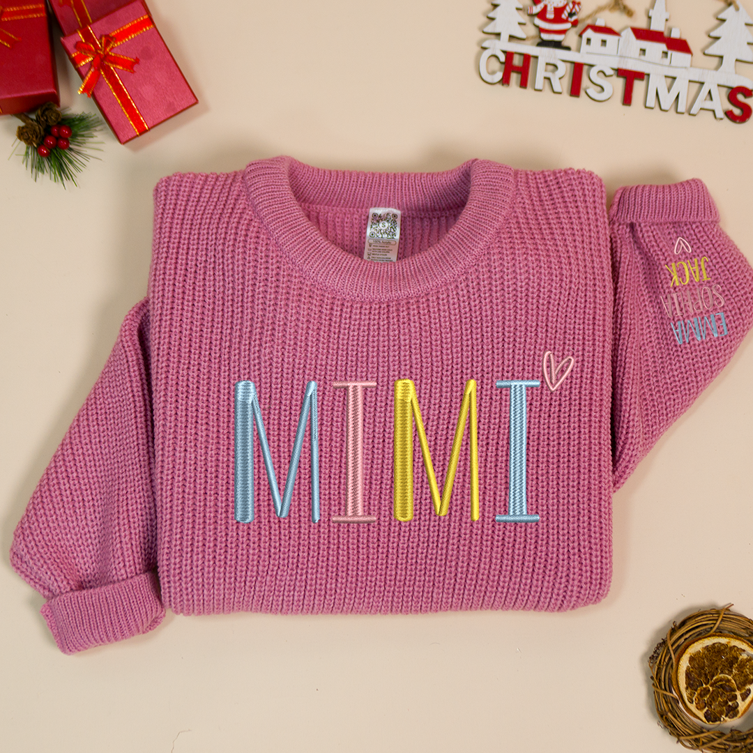 Mimi Embroidered Color  Sweater, Christmas Gift Knit Sweater – Personalized Mama Claus Sweater with Festive Design