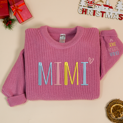 Mimi Embroidered Color  Sweater, Christmas Gift Knit Sweater – Personalized Mama Claus Sweater with Festive Design