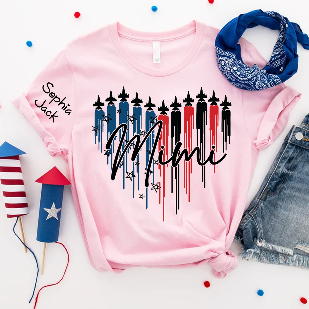 Personalized Mimi Patriotic Jet Heart USA Graphic Tee, Custom Family Nickname Shirt  for 4th of July, Gifts for Mother's Day, Birthday