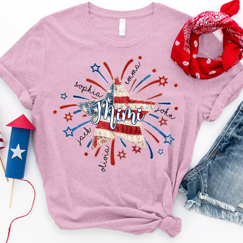 Personalized Mimi Patriotic Patchwork Star Shirt Custom Kids Names, American Flag Fireworks Graphic T Shirt for Grandma Nana Gigi, 4th of July Family Gift
