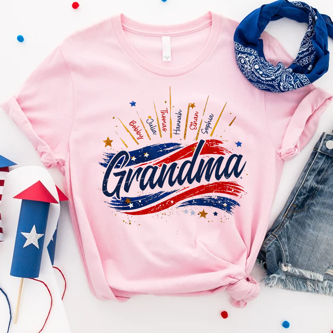 Personalized Grandma Shirt, Custom American Flag Design with Kids' Names, Family T Shirt for 4th of July