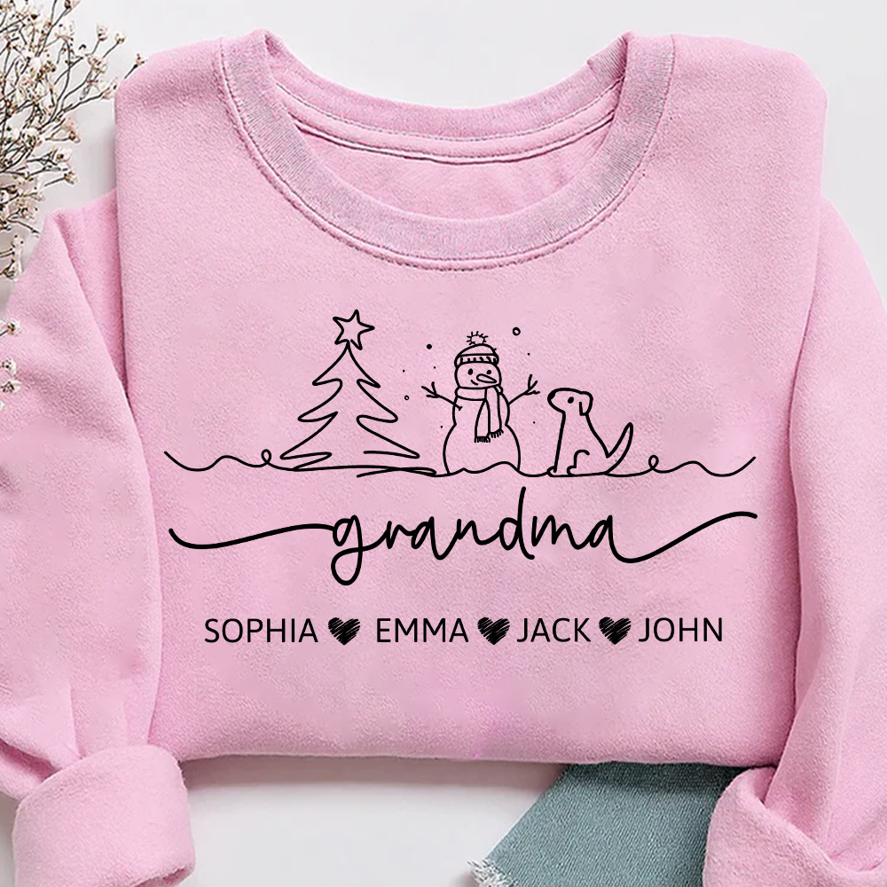 Grandma Snowman Dog Line Drawing And Grandkids Merry Christmas Sweatshirt