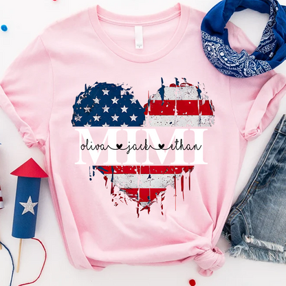 Personalized Mimi's Heart Flag T-shirt with Patriotic Design, Grandma Gigi Mama Mimi Shirt for 4th of July, Patriotic Gift for Mother's Day