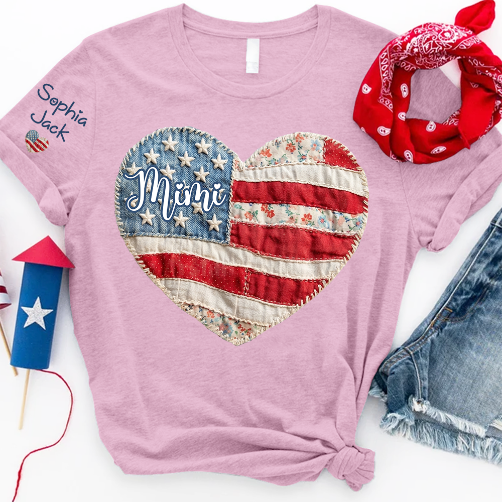 Personalized Patriotic Grandma Heart Shirt, Custom Mimi Nana Gigi Floral Flag Tee with Kids Names Sleeve, American Flag Patchwork 4th of July Gift for Grandma Mothers Day Birthday Shirt