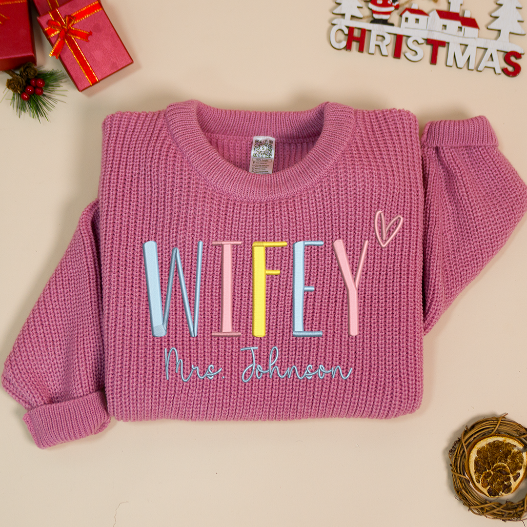 Wifey Embroidered Color Sweater, Christmas Gift Knit Sweater – Personalized Wifey Sweater with Wedding Gift, Gift for Bride