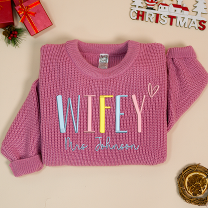 Wifey Embroidered Color Sweater, Christmas Gift Knit Sweater – Personalized Wifey Sweater with Wedding Gift, Gift for Bride