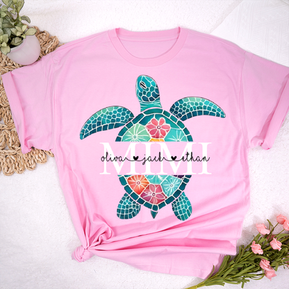 Personalized Mimi Sea Turtle Shirt, Custom Kids Names Floral Tee, Custom Family Names Gift for Grandma Shirt