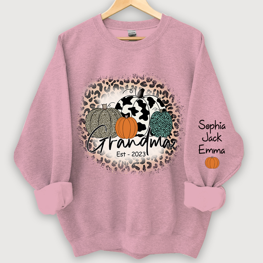 Happy Fall Leopard Pumpkin Grandma Est And Grandkids Autumn Sweatshirt