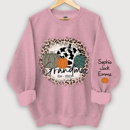 Happy Fall Leopard Pumpkin Grandma Est And Grandkids Autumn Sweatshirt