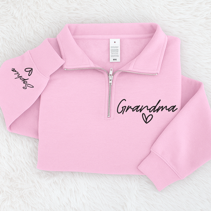 Custom Embroidered Grandma heart Sweatshirt And Grandkids Quarter Zip Sweater