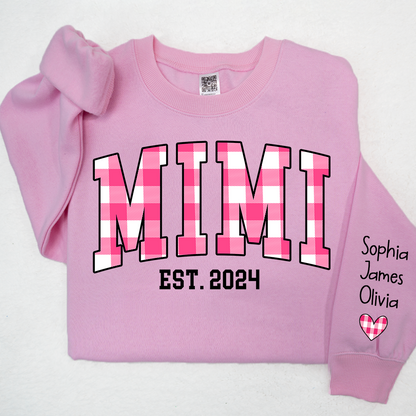 Custom Nickname Mimi Buffalo Plaid Pink And GrandKids Names Christmas 2024 Sweatshirt