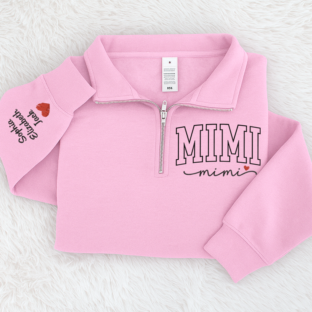 Personalized Mimi Sweatshirt, Mimi Heart And Grandkids Embroidered Quarter Zip Sweater
