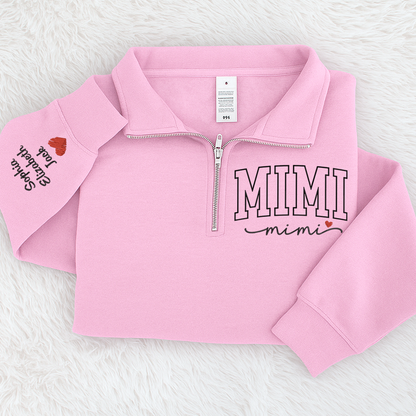 Personalized Mimi Sweatshirt, Mimi Heart And Grandkids Embroidered Quarter Zip Sweater
