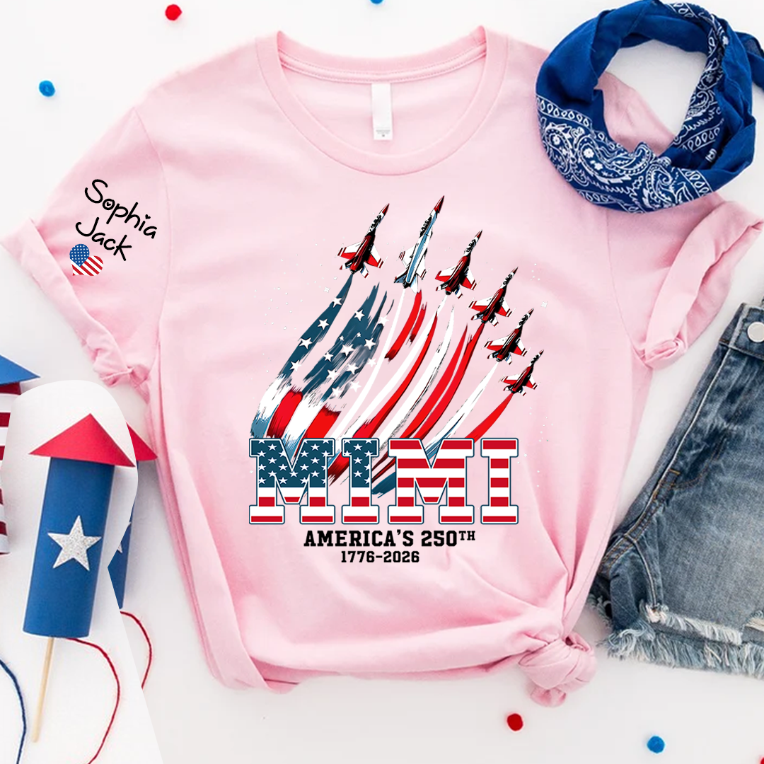 Personalized Mimi America’s 250th Anniversary Shirt, Custom Grandma Nana Gigi Patriotic T Shirt, USA Flag 4th of July Family Apparel