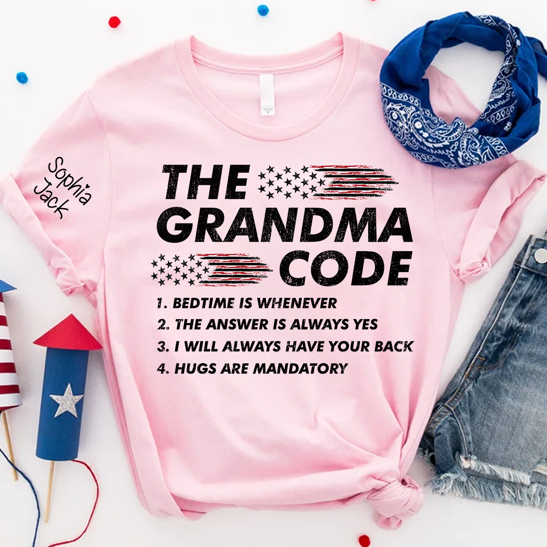Personalized American Flag 'The Grandma Code' T-Shirt – Custom Mimi, Gigi, Nana Shirts, Fun Gift for Grandparents, Perfect for Mother’s Day and Birthdays