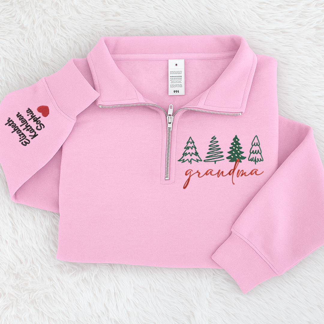 Grandma Tree Merry Christmas Sweatshirt, Grandma And Grandkids Embroidered Quarter Zip Sweater