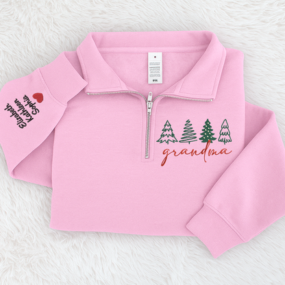 Grandma Tree Merry Christmas Sweatshirt, Grandma And Grandkids Embroidered Quarter Zip Sweater