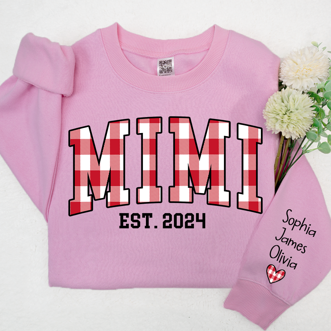 Personalized Nickname Mimi Buffalo Plaid And GrandKids Names Christmas 2024 Sweatshirt
