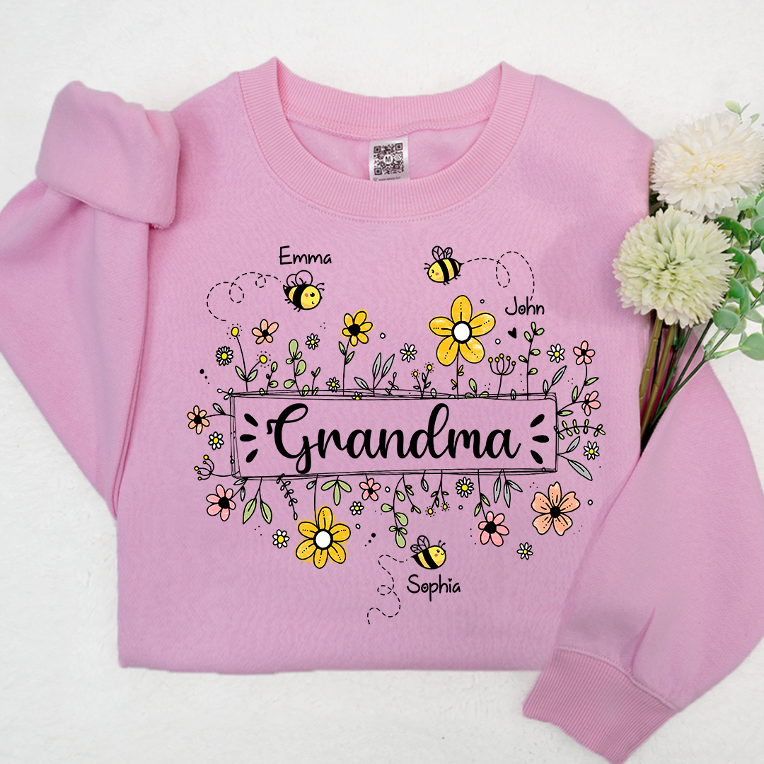 Personalized Grandma Bee Flower And Grandkids Sweatshirt