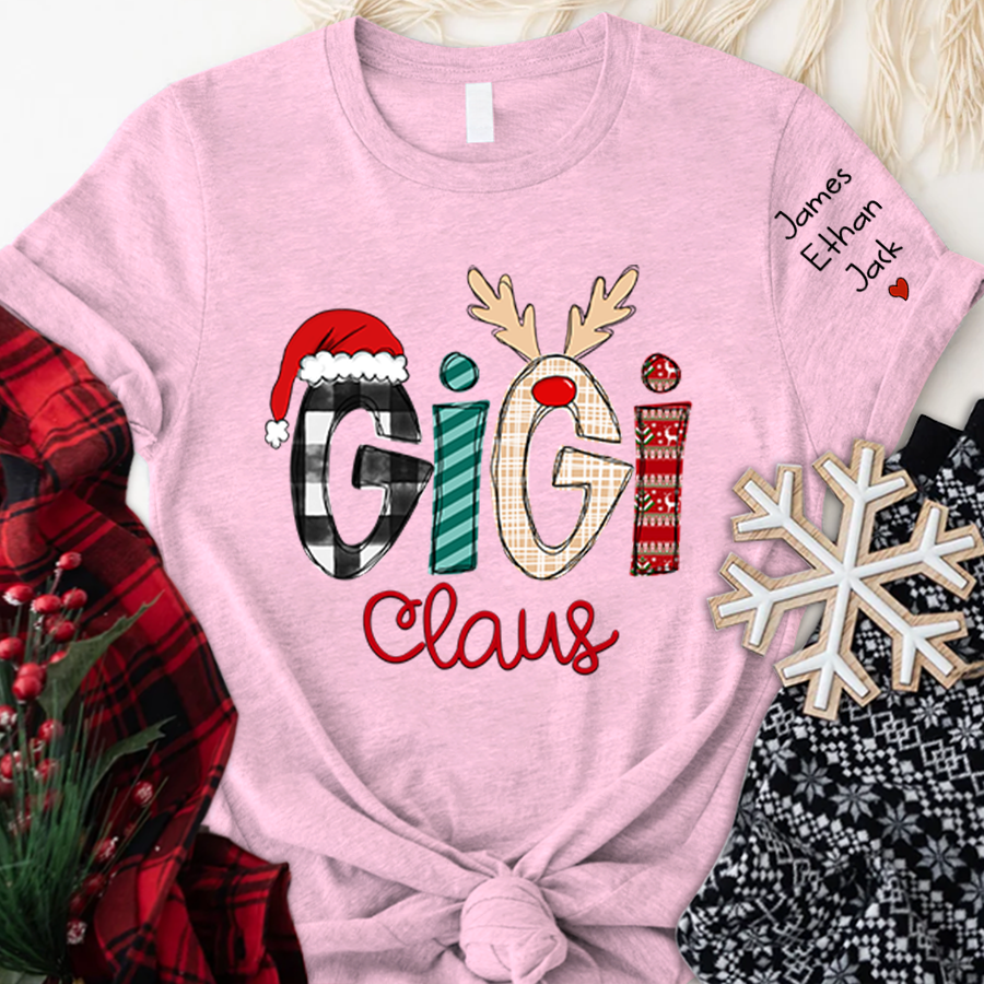 Personalized Gigi Claus Shirt With Names On Sleeve, Custom Grandma Mimi Nana Gigi Claus Christmas T-Shirt