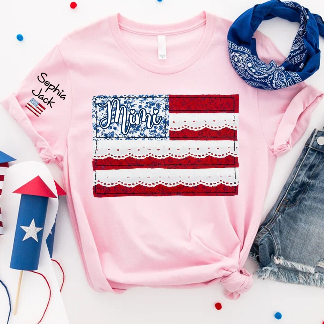 Personalized Mimi Patchwork USA Flag Shirt with Lace Details, Custom Family Name, 4th of July Independence Day T-shirt