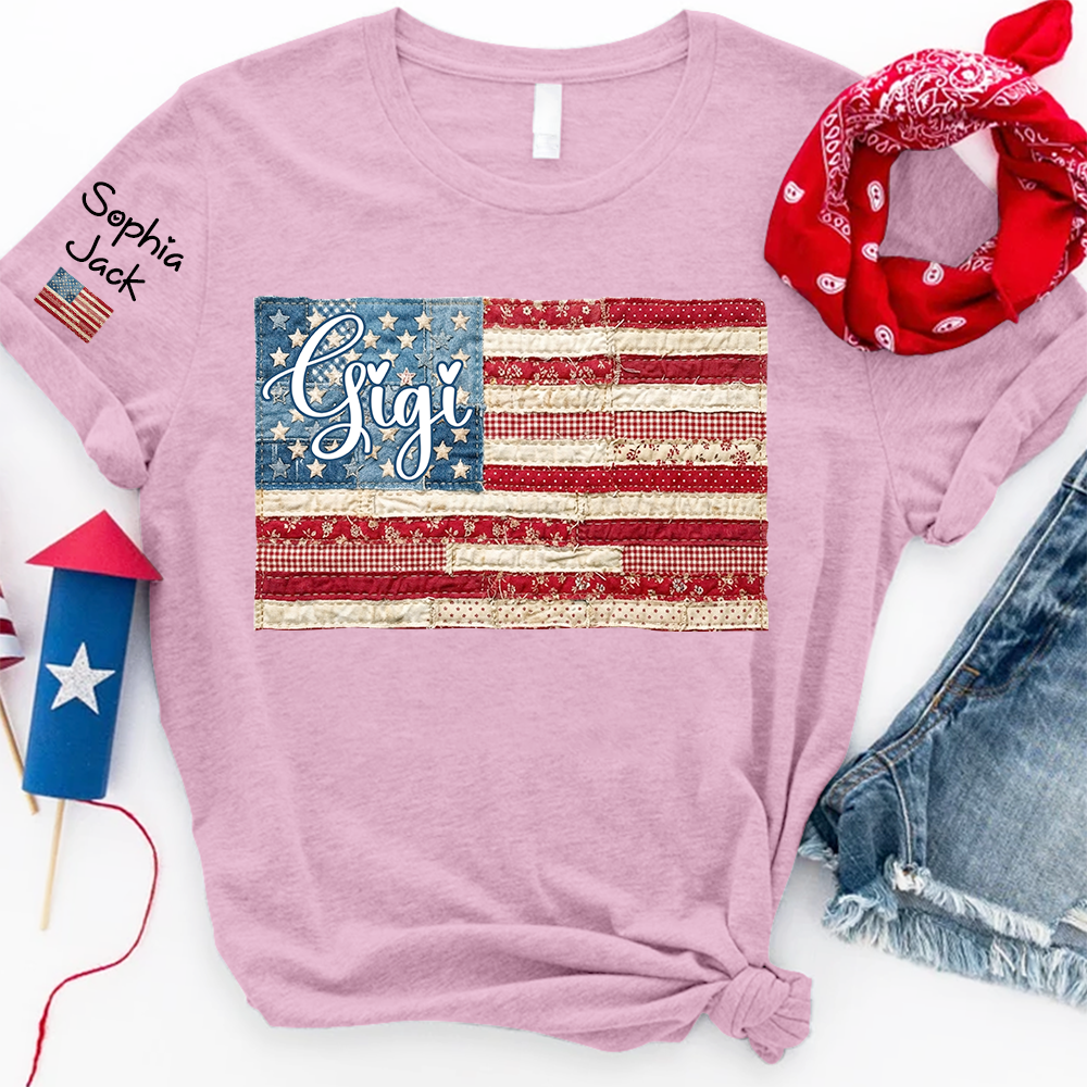 Personalized Gigi Patriotic Patchwork Flag Shirt with Custom Kids Names on Sleeve, Vintage Grandma Family Shirt for Women, 4th of July Birthday Shirt