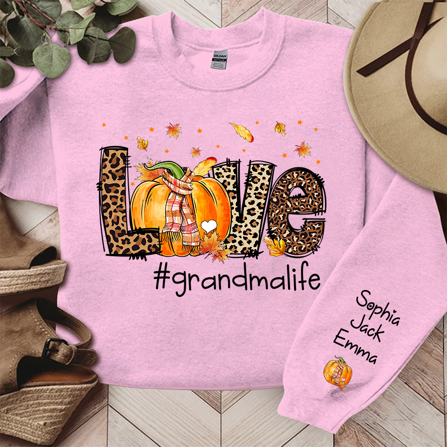 Love Grandma Life Leopard Fall Thanksgiving Halloween Leaves Cute Pumpkin Sweatshirt