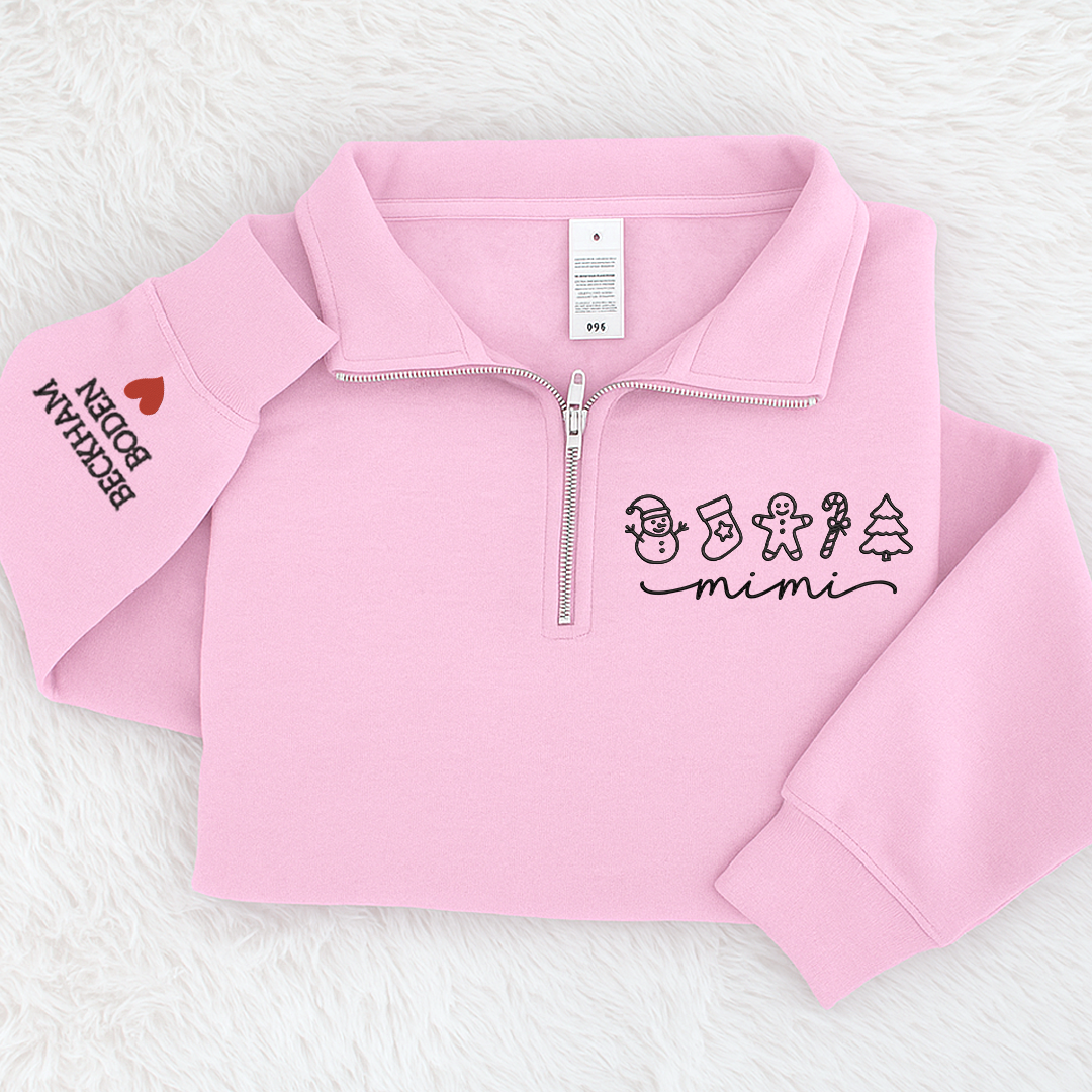 Custom Embroidered Mimi Merry Christmas Design, Gingerbread Sweatshirt And Grandkids Quarter Zip Sweater