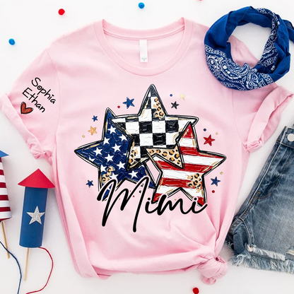Personalized American Flag Star T-Shirt – Custom Mimi, Gigi, Nana Shirts, Fun Patriotic Gift for Grandparents, Perfect for Mother’s Day, Independence Day, and Birthdays