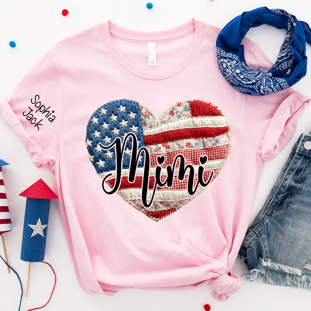 Custom Heart Flag T-Shirt, Personalized American Flag Design for Mimi, Gigi, Grandma, Nana, Patriotic Shirt for Mother's Day, Independence Day, and Birthday Gifts