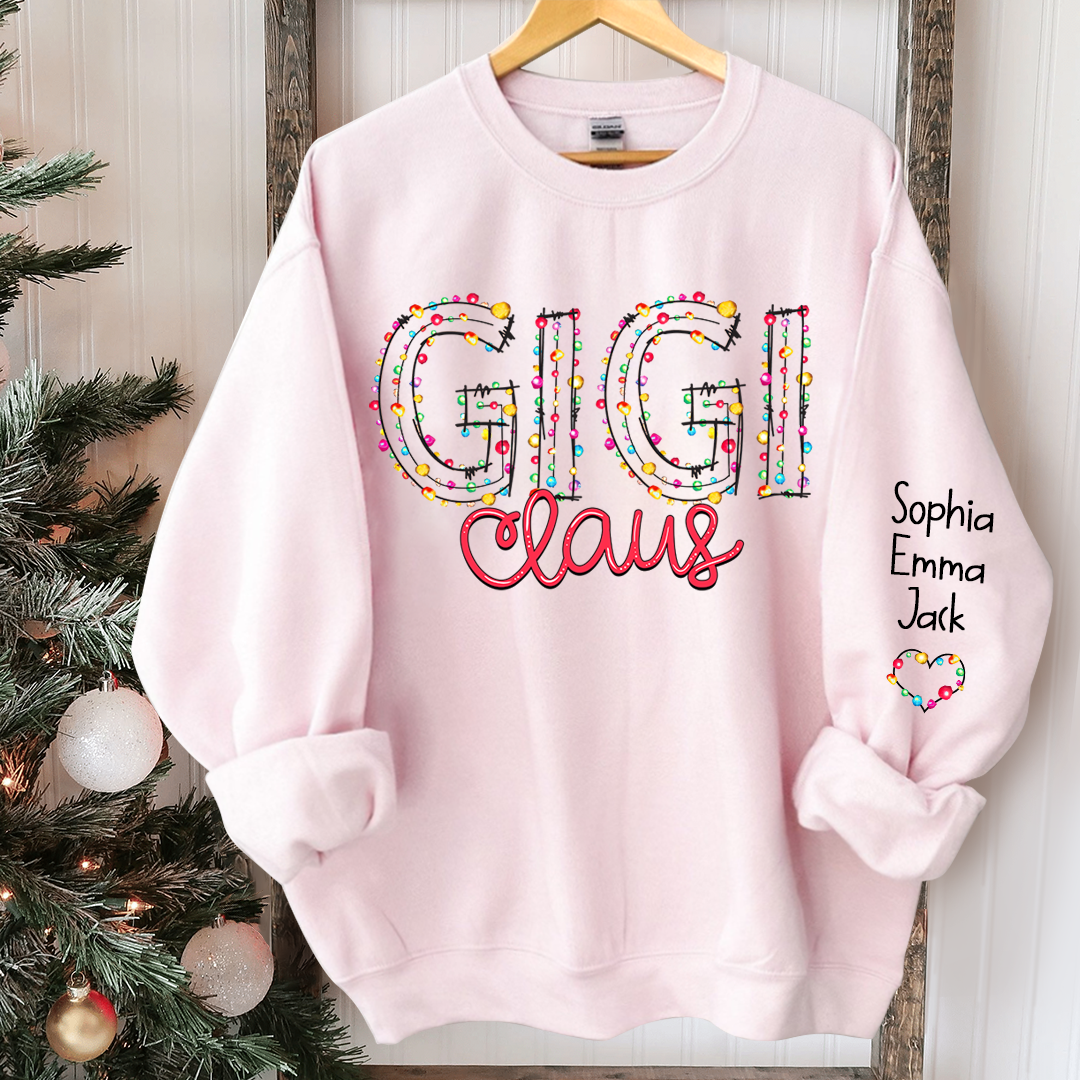 Personalized Gigi Claus Christmas lights And Grandkids Christmas Merry Sweatshirt