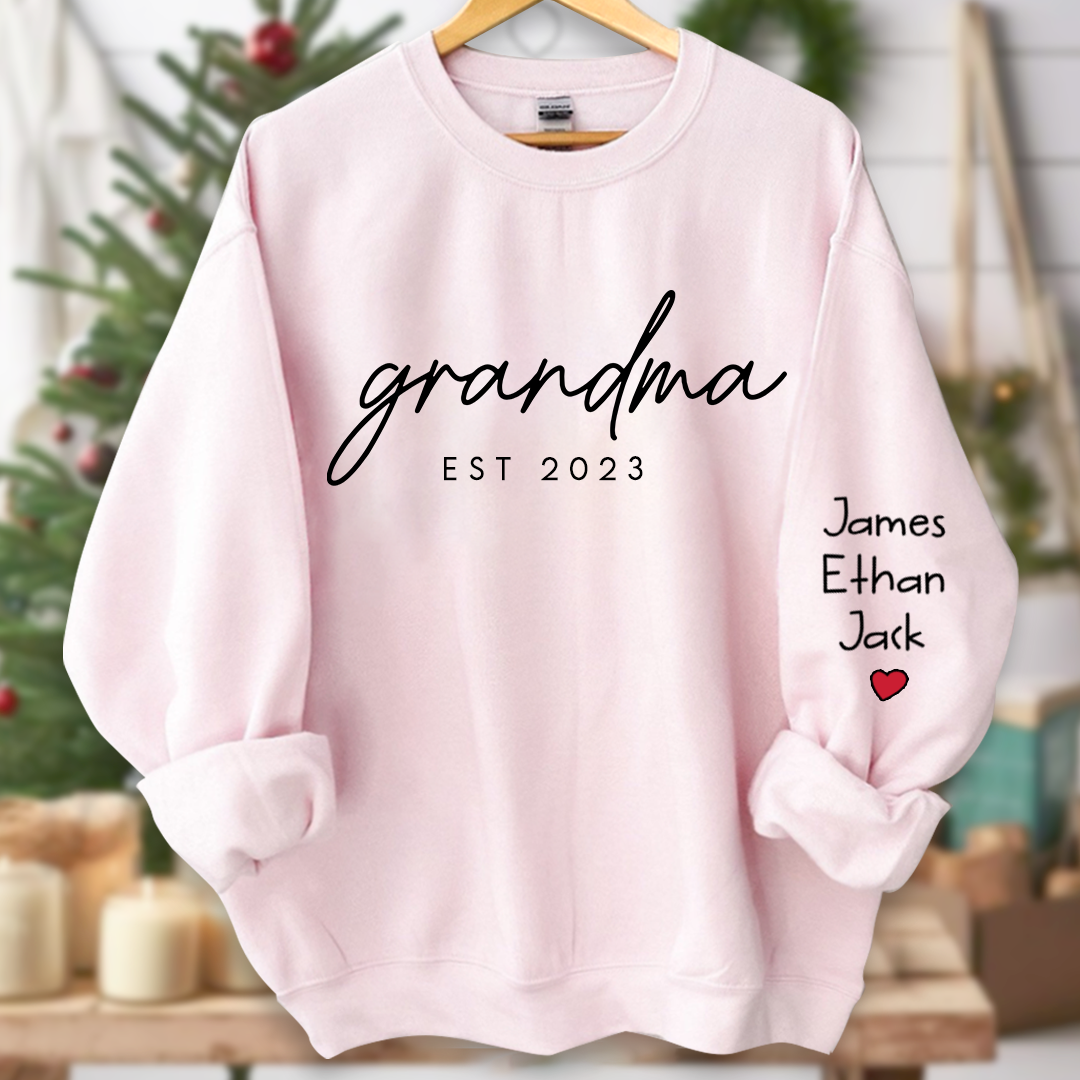 Personalized Grandma Est Sweatshirt, Custom Grandma and Grandkids Name On Sleeve Sweatshirt, Mother's Day Gift For Mom Grandma Mimi Nana Gigi Grammy