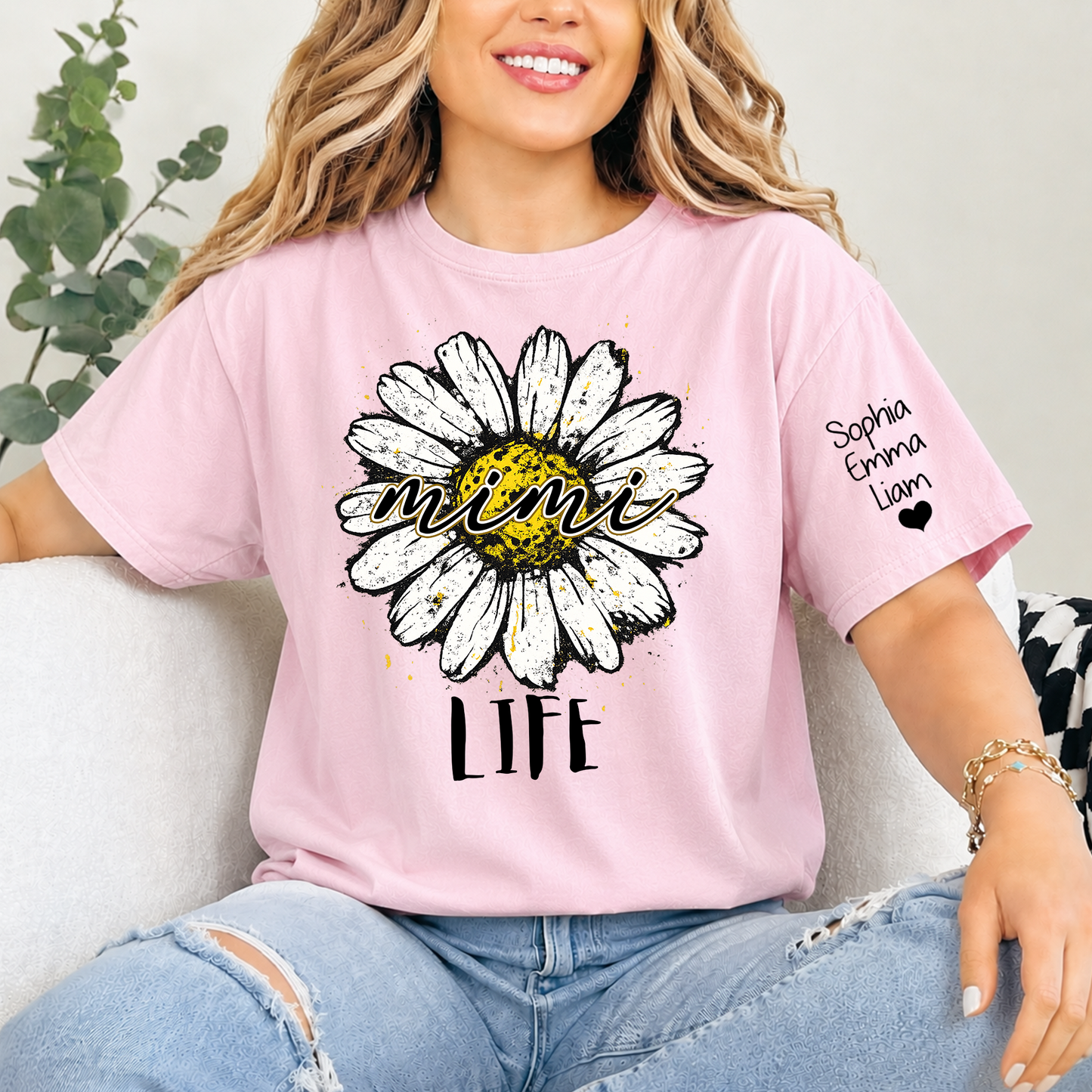 Personalized Mimi Life Daisy Shirt, Custom Grandma T-Shirt with Kids Names on Sleeve, Floral Family Name Tee Gift for Grandma, Nana Shirt