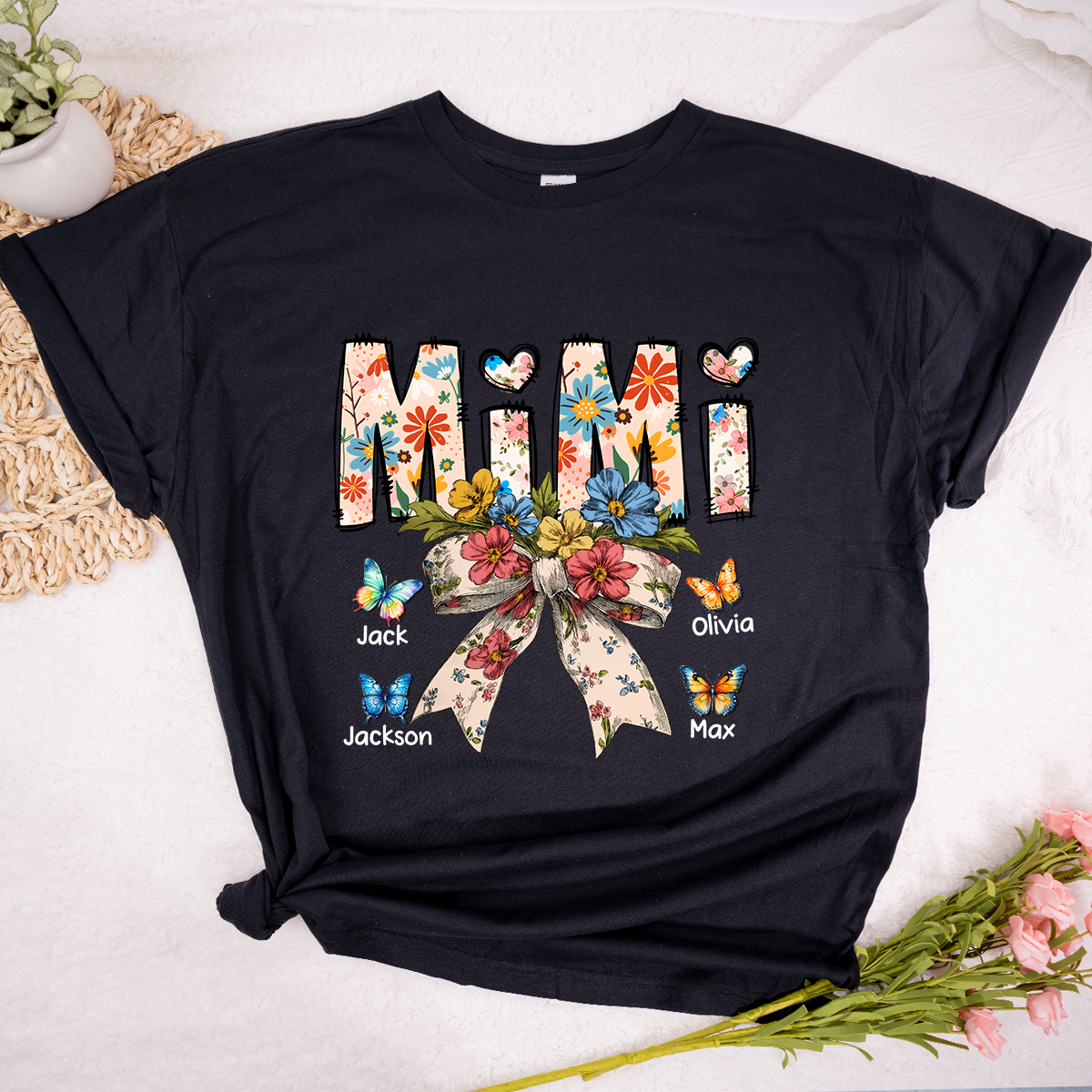 Personalized Mimi Flower Bow Butterfly With Grandkids Mother's Day TH T-Shirt