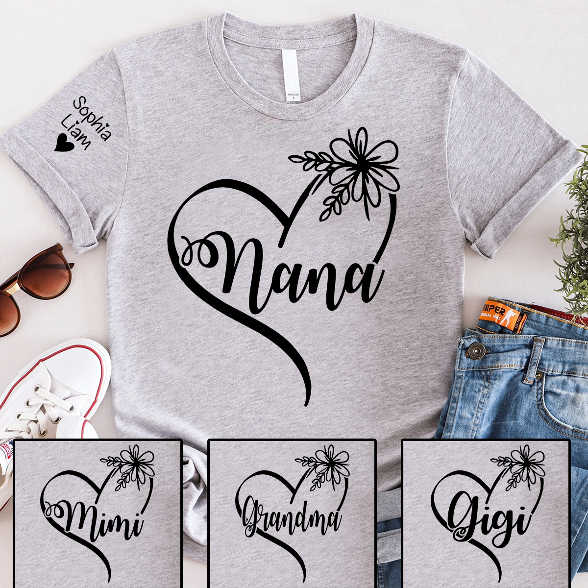 Custom Nana T-Shirt with Elegant Heart and Flower Design – Personalized Gift for Grandma
