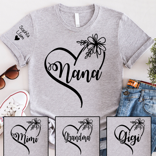 Custom Nana T-Shirt with Elegant Heart and Flower Design – Personalized Gift for Grandma