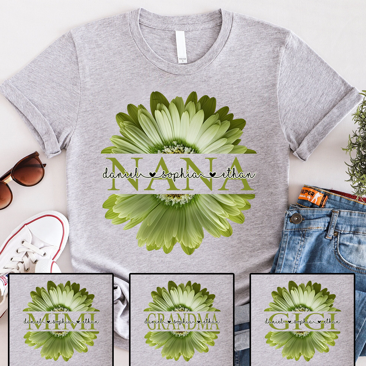 Custom Nana Shirt with Large Green Flower – Personalized Grandma Gift Featuring Grandkids Names