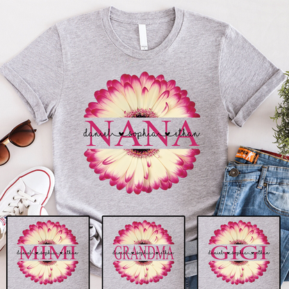 Personalized Nana T-Shirt with Pink Flower Graphic – Custom Grandma Gift Featuring Grandkids Names