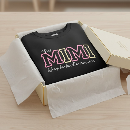 This Mimi Wears Her Heart On Her Sleeve – Personalized Sweatshirt with Grandkids’ Names, Custom Gift for Grandma, Nana & Gigi