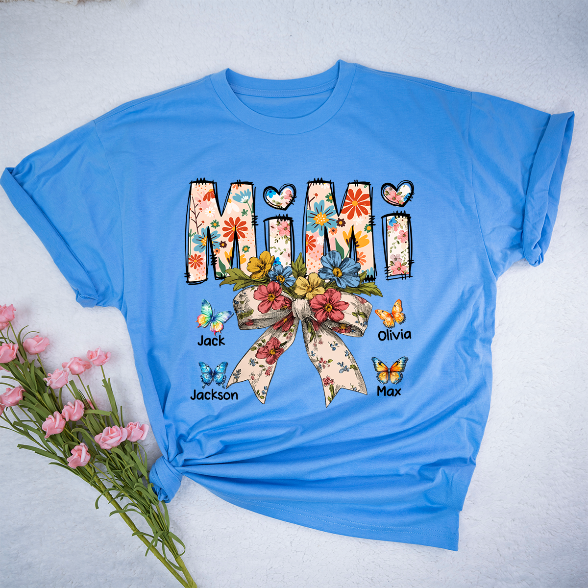 Personalized Mimi Flower Bow Butterfly With Grandkids Mother's Day TH T-Shirt