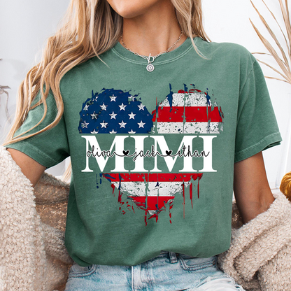 Personalized Mimi's Heart Flag T-shirt with Patriotic Design, Grandma Gigi Mama Mimi Shirt for 4th of July, Patriotic Gift for Mother's Day