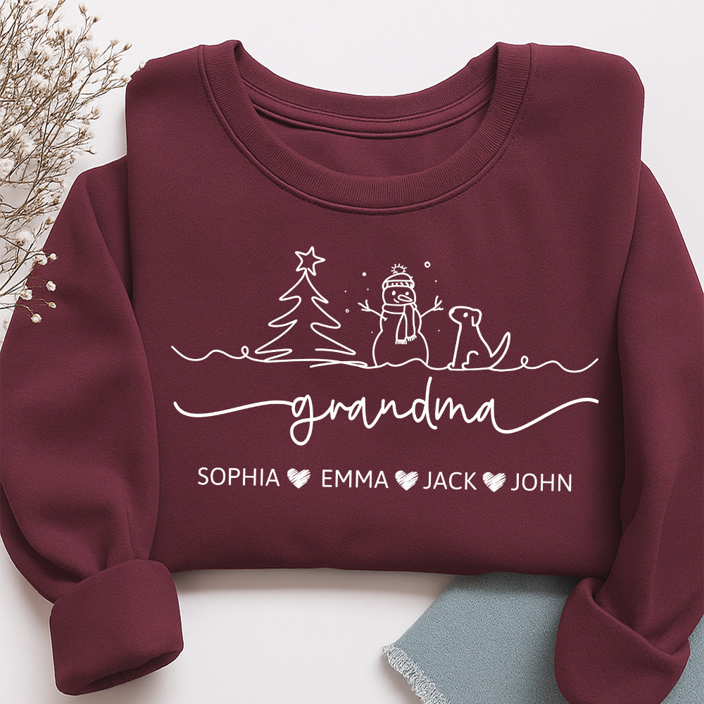 Grandma Snowman Dog Line Drawing And Grandkids Merry Christmas Sweatshirt
