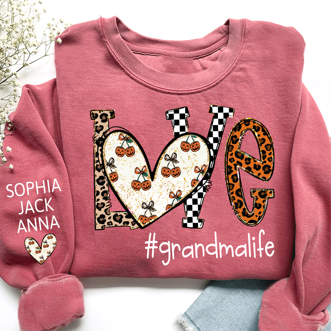 Love grandmalife Pumpkin Leopard Gift For Grandma And Grandkids Names on Sleeve Sweatshirt