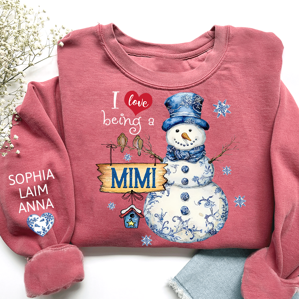 Personalized I Love Being a Mimi Snowman blue toile Sweatshirt and Grandkids Name Winter Design