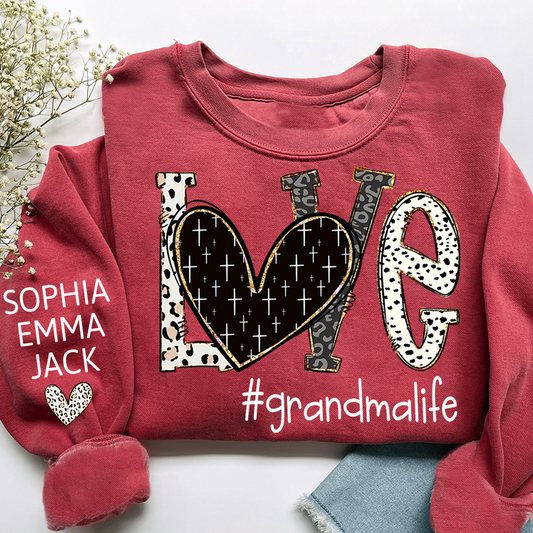 Personalized Love grandmalife Sweatshirt Bible Style Design & Custom Grandkids Names on Sleeve Sweatshirt