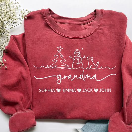 Grandma Snowman Dog Line Drawing And Grandkids Merry Christmas Sweatshirt