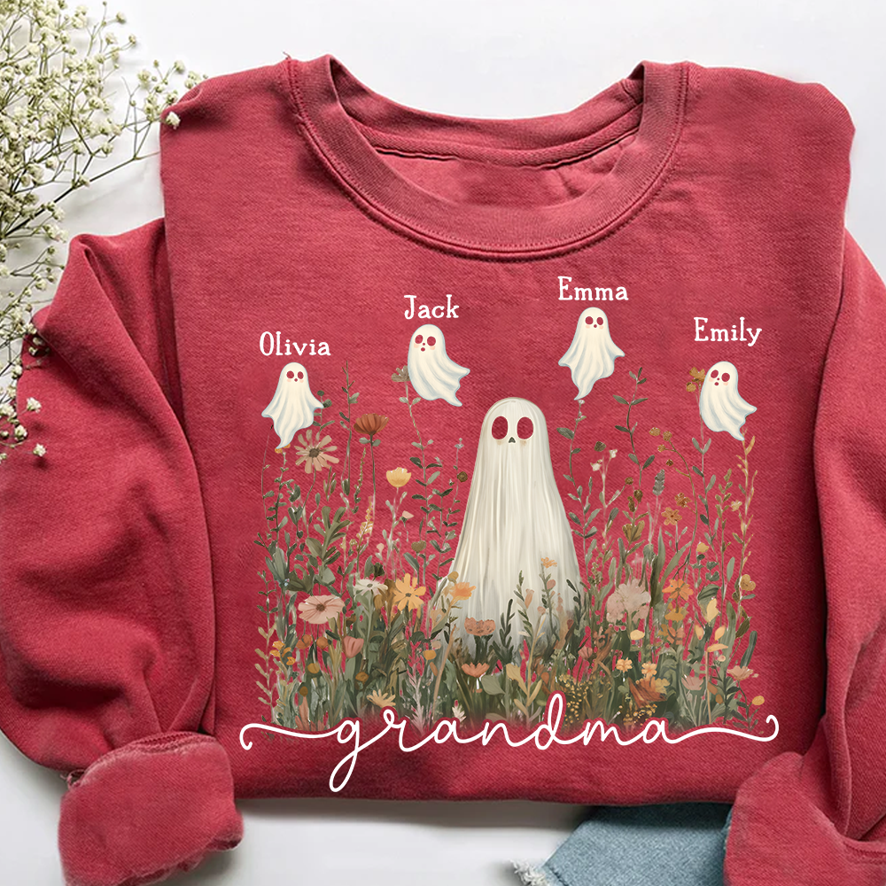 Grandma Cute Ghost in Wildflowers Halloween And Grandkids Sweatshirt