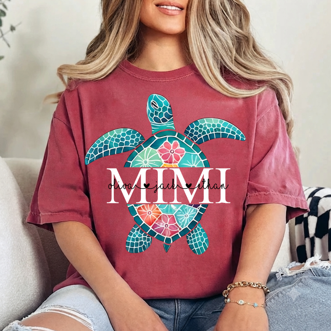 Personalized Mimi Sea Turtle Shirt, Custom Kids Names Floral Tee, Custom Family Names Gift for Grandma Shirt